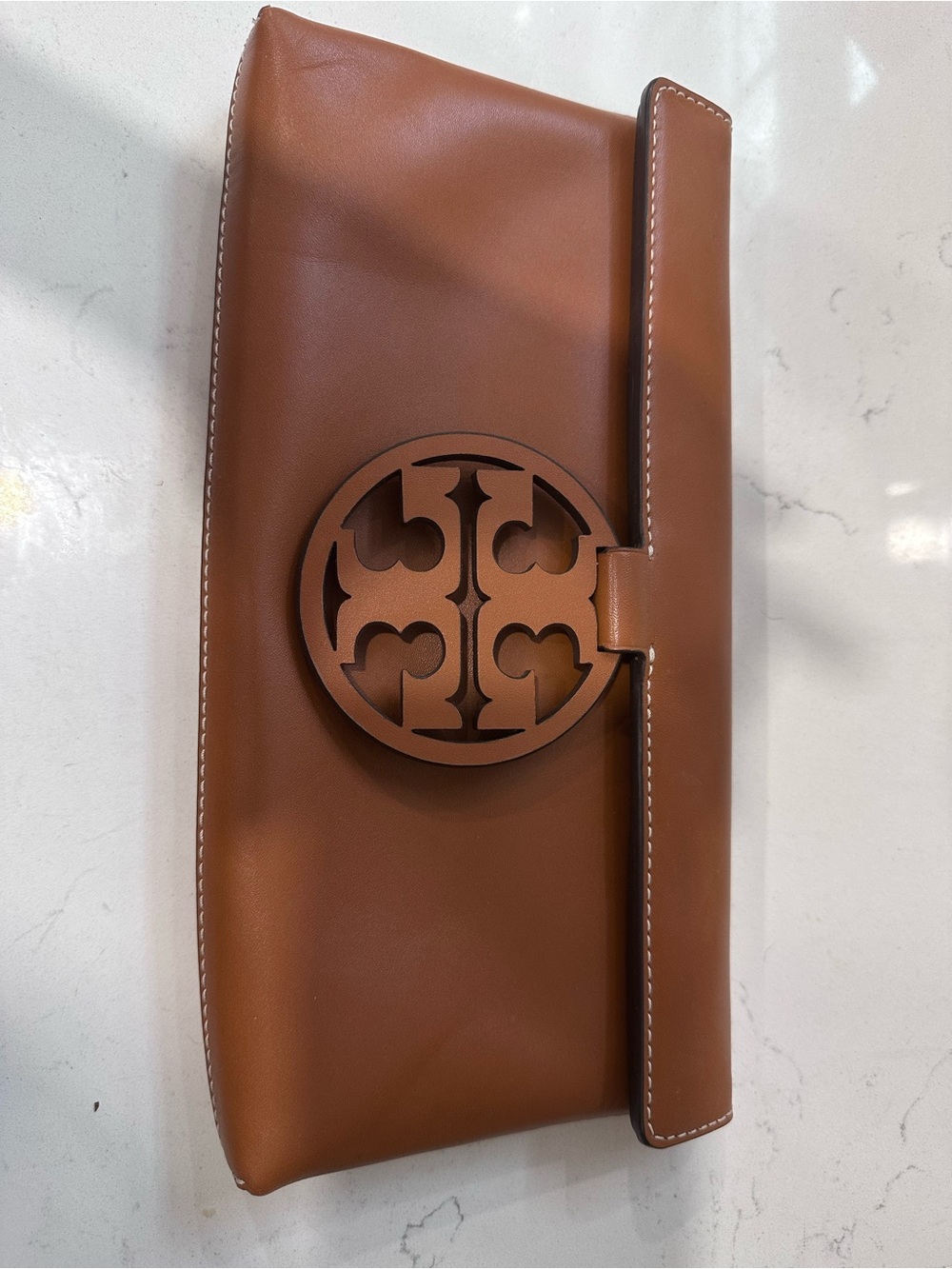 Tory Burch Saddle Brown Leather Logo Clutch